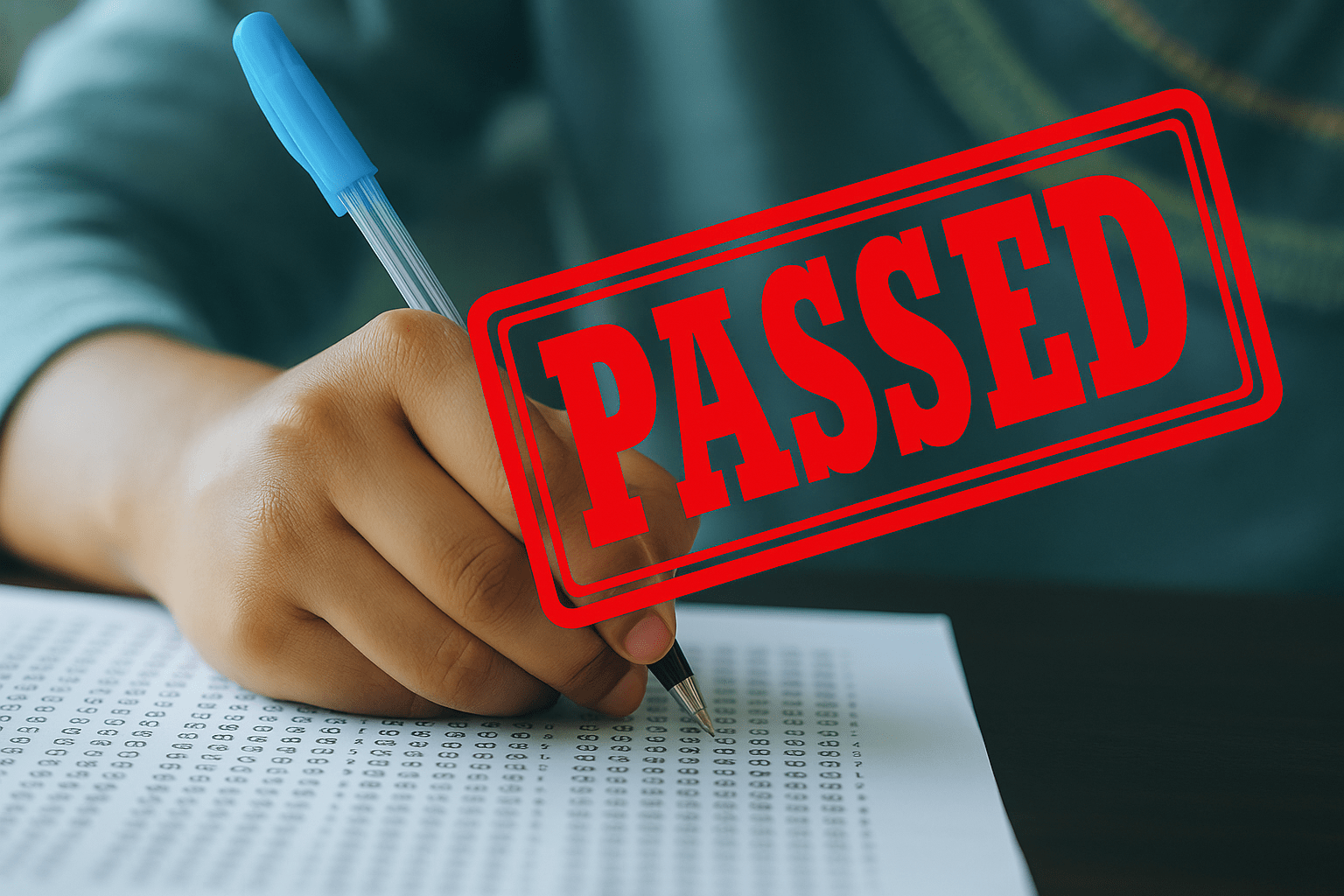 A close-up of a hand holding a pen and writing answers on a test paper labeled "MBA" at the A close-up of a hand holding a pen and writing answers on a test paper labelled for MBA exam.