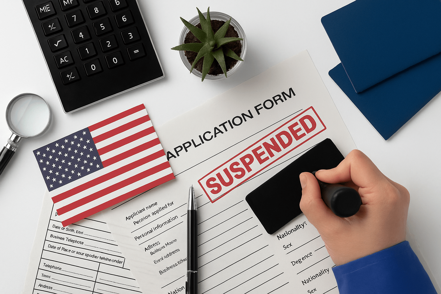 A workspace showing a U.S. flag beside a student visa application form stamped with the word "SUSPENDED," surrounded by items like a calculator, magnifying glass, pen, and passports, highlighting the halted visa process.