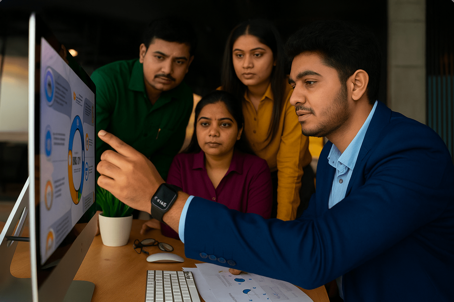 Four Indian professionals collaborate around a desktop computer in a modern office, attentively analyzing a presentation together — reflecting the benefits of having a mentor in guiding teamwork and strategic thinking.