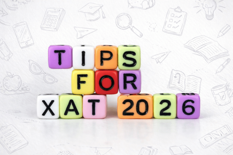 Colorful alphabet blocks arranged to spell ‘TIPS FOR XAT 2026’ on a white background with study-related doodles, representing exam preparation guidance for low fees MBA colleges in India