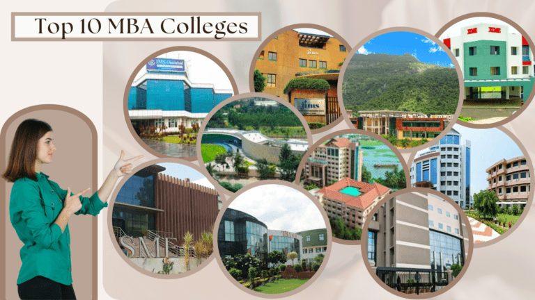 Collage of campus buildings labeled ‘Top 10 MBA Colleges,’ representing Top MBA colleges with CMAT 60–70 percentile cut off for management aspirants.