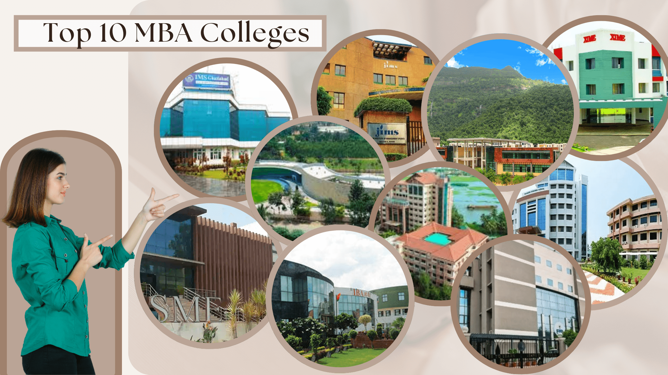 Collage of campus buildings labeled ‘Top 10 MBA Colleges,’ representing Top MBA colleges with CMAT 60–70 percentile cut off for management aspirants.