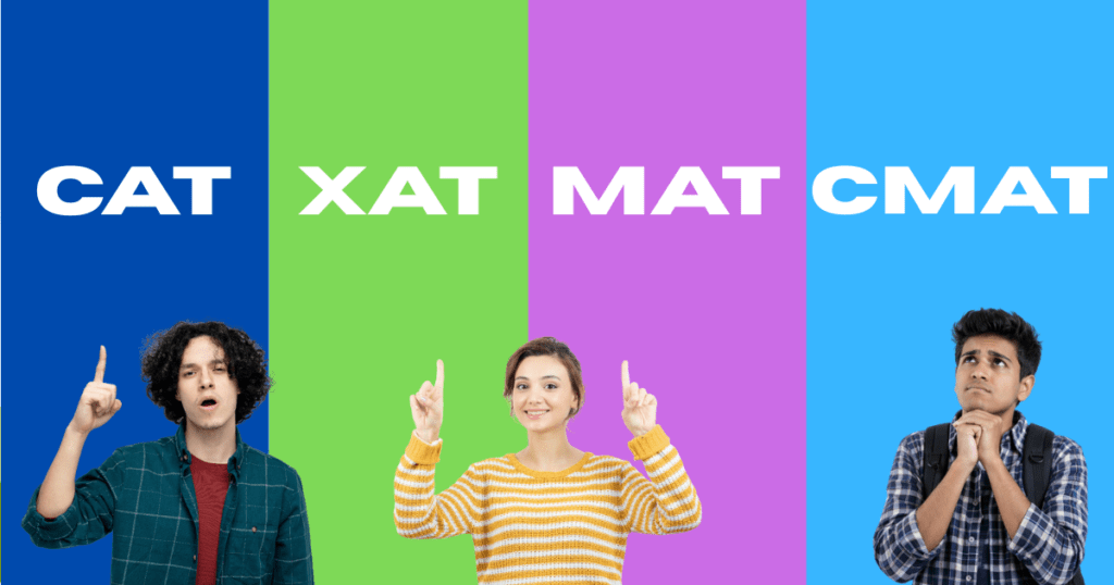 Comparison image illustrating CAT vs XAT vs MAT vs CMAT, featuring four students pointing or thinking under color-coded sections labeled CAT, XAT, MAT, and CMAT, representing different MBA entrance exams in India.