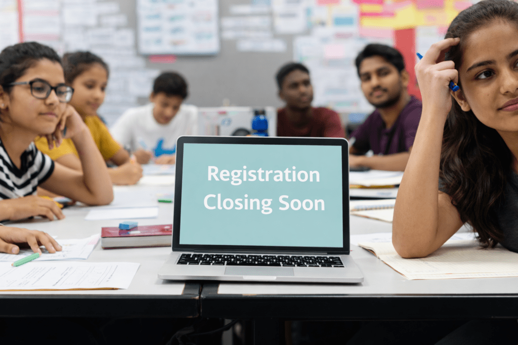 Indian students sitting in a classroom around a laptop displaying “Registration Closing Soon,” highlighting the CUET PG 2026 application deadline and last date to apply