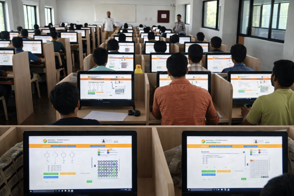 Students appearing for a computer-based entrance exam in a large exam center during the CUET PG 2026 application deadline, working on individual desktop systems under invigilator supervision.