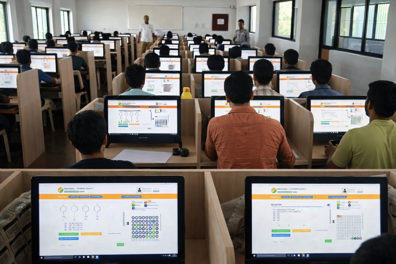 Students appearing for a computer-based entrance exam in a large exam center during the CUET PG 2026 application deadline, working on individual desktop systems under invigilator supervision.