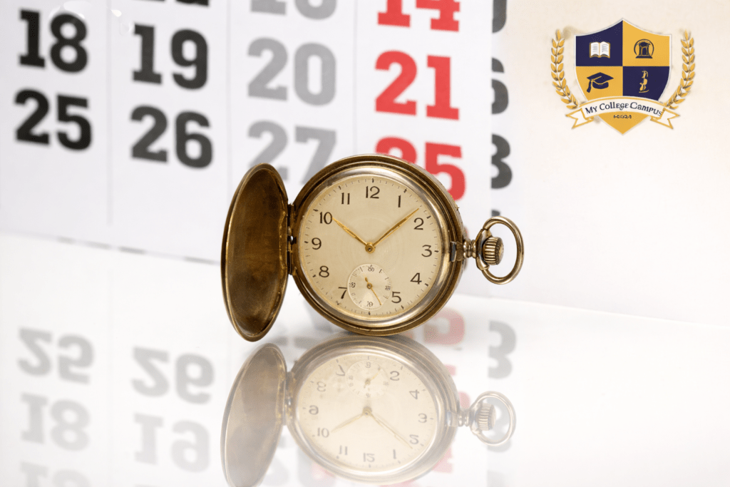 Antique pocket watch placed in front of a calendar symbolizing important admission timelines, representing KJ Somaiya NMAT cutoff 2026 and key dates for MBA aspirants.