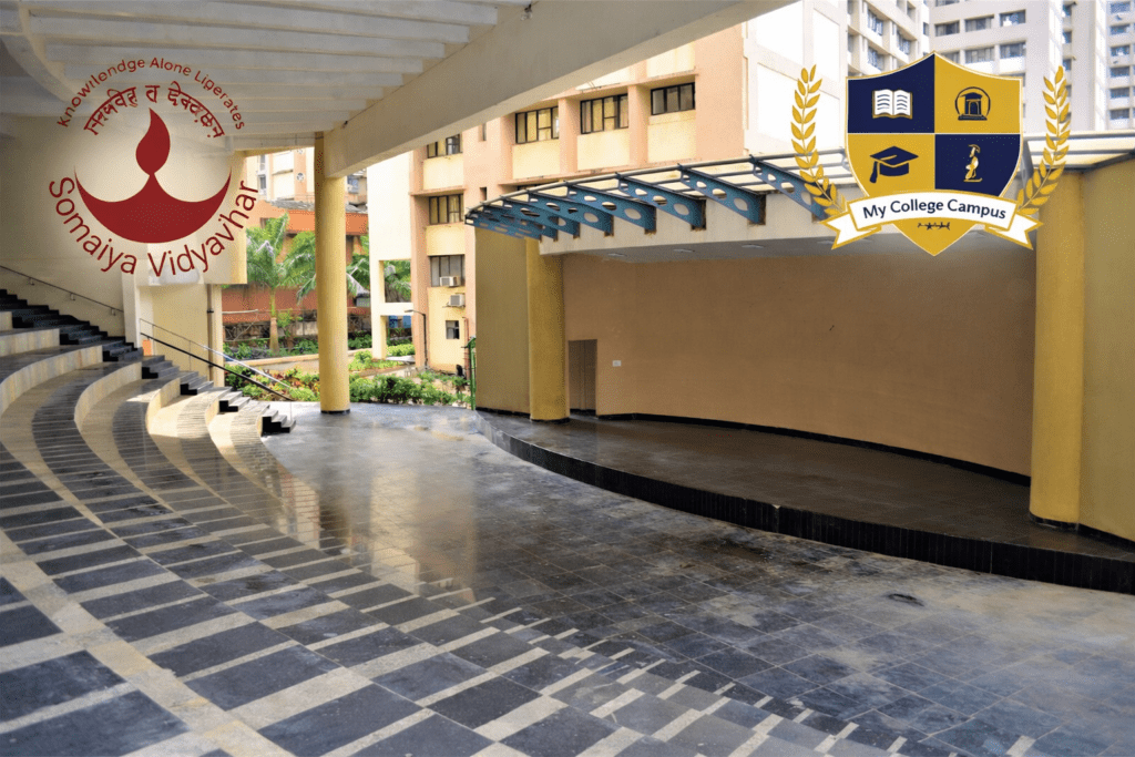 Covered outdoor amphitheatre at KJ Somaiya campus with Somaiya Vidyavihar and My College Campus logos displayed, representing academic environment related to KJ Somaiya NMAT cutoff 2026.