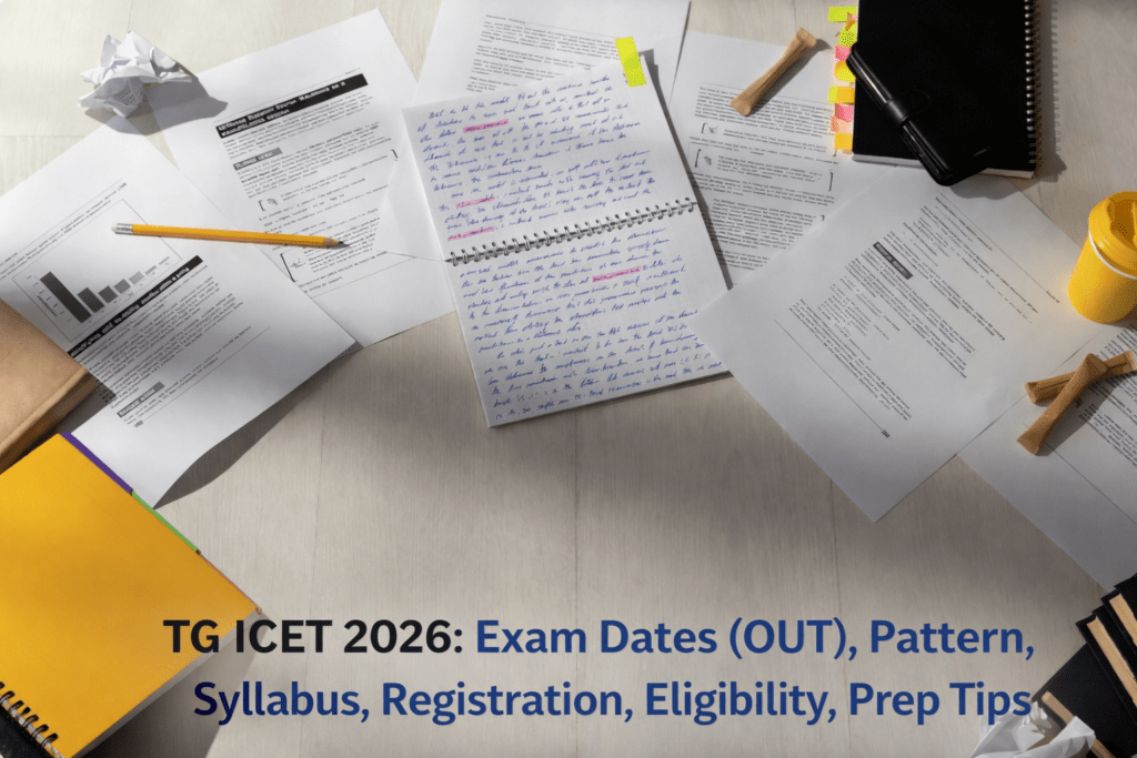 Study materials spread across a desk with notes, documents, and stationery, featuring a headline about TG ICET 2026 exam dates, syllabus, registration details, eligibility criteria, and preparation tips.