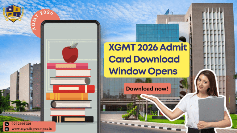 XGMT 2026 admit card download announcement banner showing a college campus, a mobile screen with books and an apple, and a student pointing to “XGMT 2026 Admit Card Download Window Opens” call-to-action.