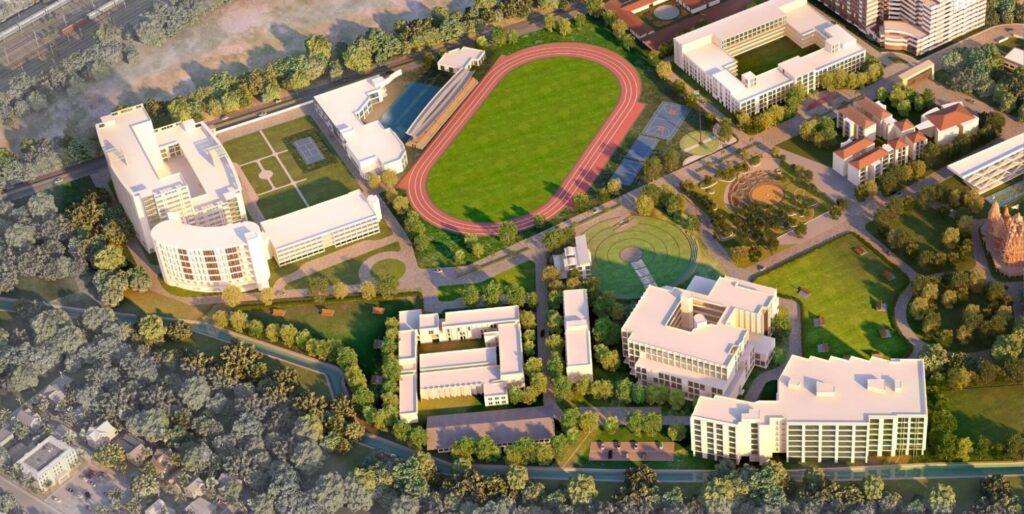Aerial view of the KJ Somaiya campus with academic buildings, green spaces, and sports facilities, highlighting infrastructure relevant to KJ Somaiya NMAT cutoff 2026.
