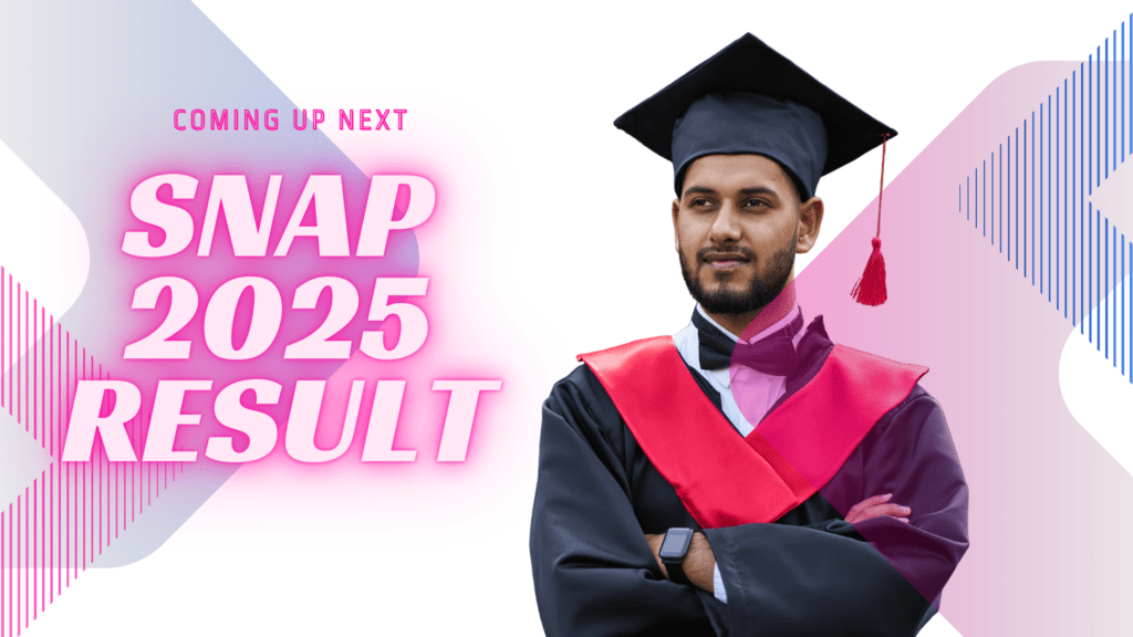 Promotional graphic announcing ‘SNAP 2025 Result Coming Up Next’ featuring a young male graduate wearing a black graduation cap and gown with a red stole, standing confidently with folded arms against a modern pink, blue, and white abstract background