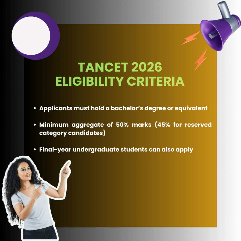 Informational poster titled ‘TANCET 2026 Eligibility Criteria’ listing requirements such as holding a bachelor’s degree, minimum 50% aggregate marks (45% for reserved categories), and eligibility for final-year undergraduate students, displayed on a dark gradient background with an illustrated announcement icon and a woman pointing toward the text.
