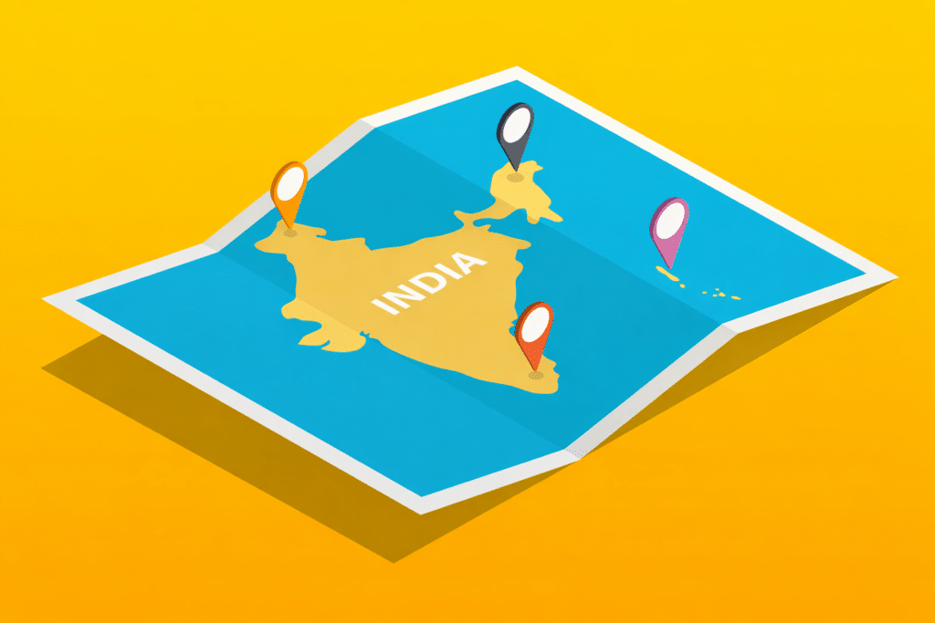 CMAT 2026 - Illustrated isometric map of India labeled ‘India,’ shown on a folded blue map against a yellow background, with multiple colorful location pins marking different regions across the country.