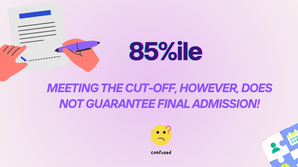IIM Bangalore Releases PI Shortlist 2026 for PGP Admissions: Informational graphic showing ‘85%ile’ with a note stating ‘Meeting the cut-off, however, does not guarantee final admission,’ illustrated with hands signing a document, a confused emoji, and a soft purple background.
