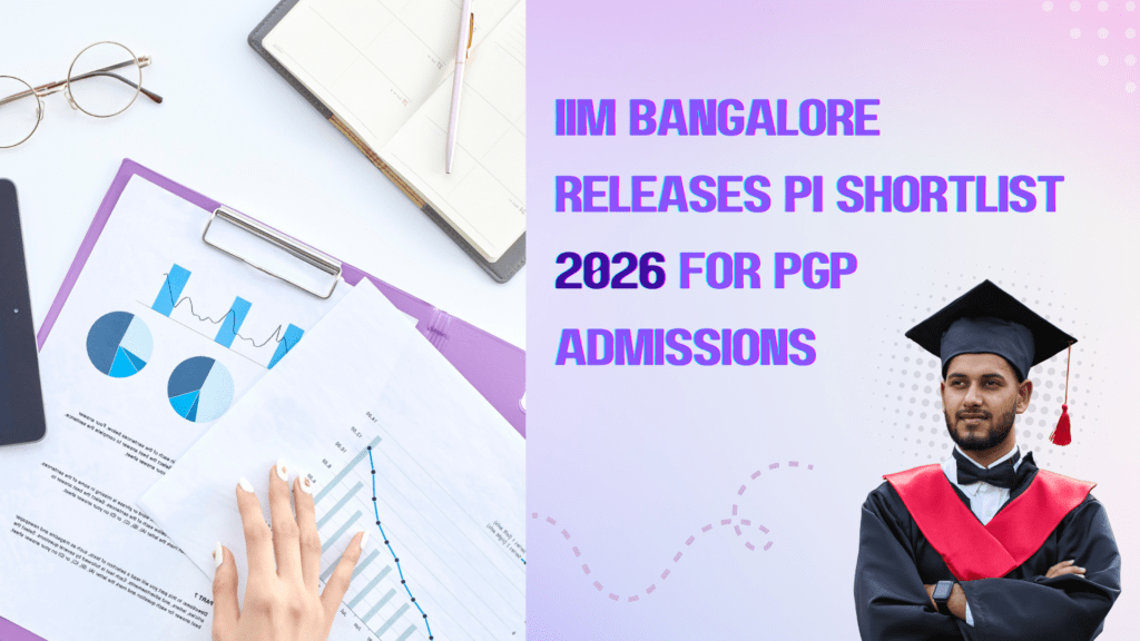 Banner announcing IIM Bangalore PI shortlist 2026 for PGP admissions, featuring a study desk with charts, clipboard, notebook, and a graduate in cap and gown on a pastel background.