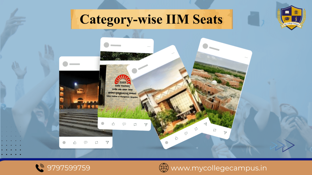 Category-wise infographic showing total seats in IIMs for MBA across multiple Indian Institutes of Management campuses.