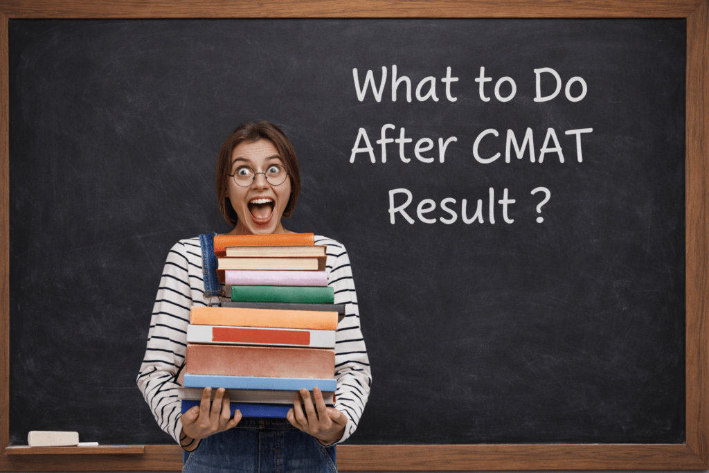 Young female student holding a stack of books in front of a classroom blackboard with the text “What to Do After CMAT Result?” written in chalk, representing guidance on what to do after CMAT result.