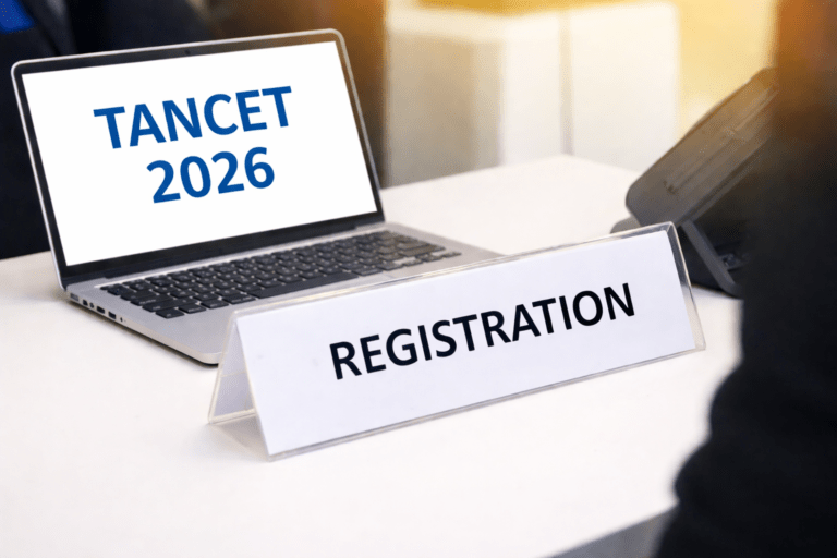 Registration desk with an open laptop and a “REGISTRATION” sign on a table, representing the TANCET 2026 registration process.