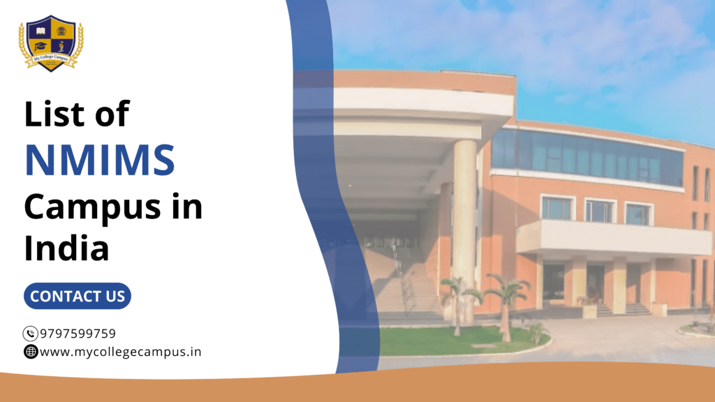 Banner showing a modern university building with the text List of NMIMS Campus in India” and contact details, representing information about NMIMS campuses in India and their locations.