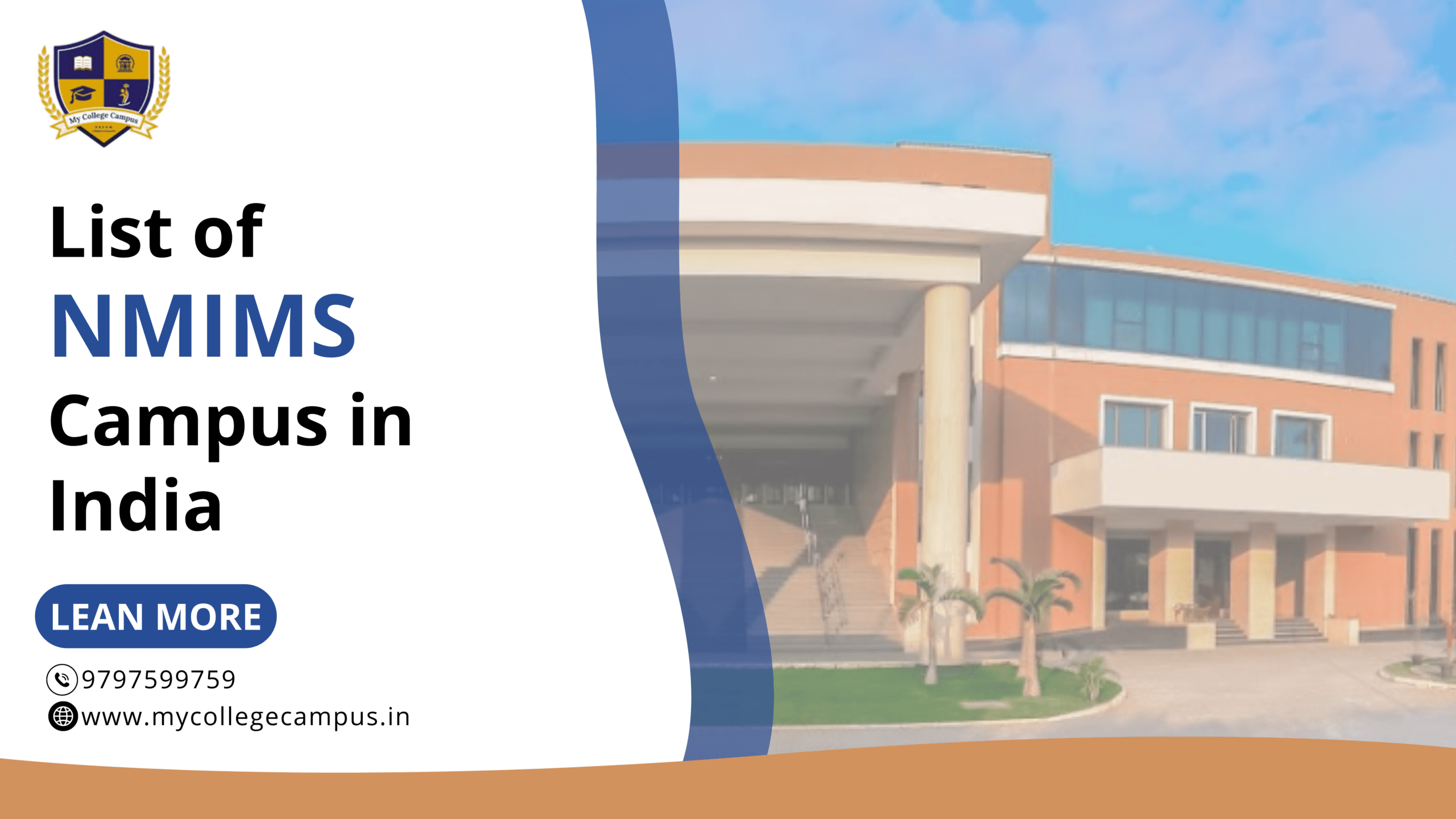 Banner showing a modern university building with the text “List of NMIMS Campus in India” and contact details, representing information about NMIMS campuses in India and their locations.