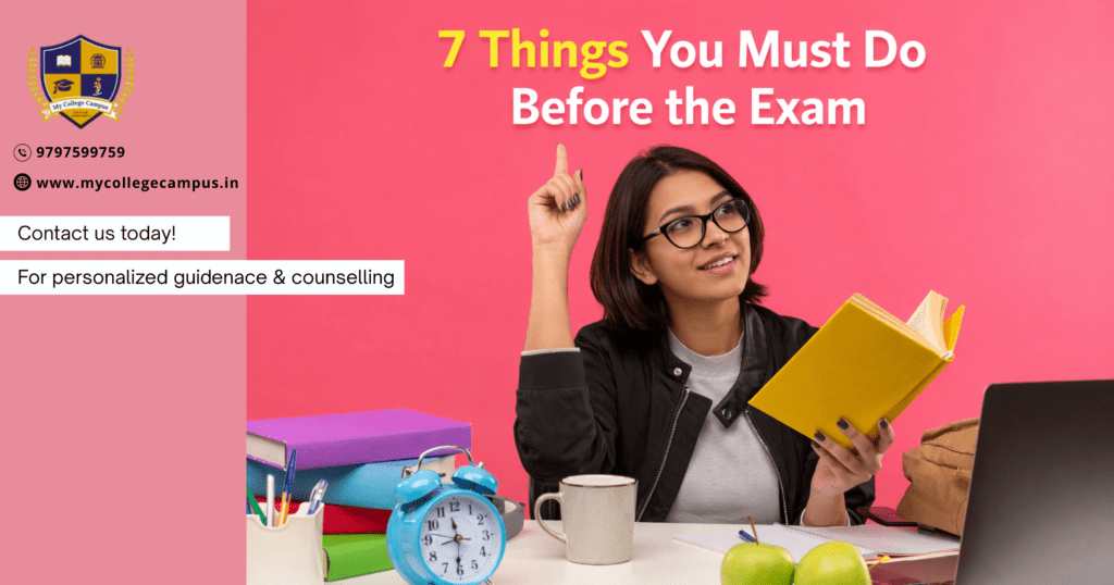 Young college-like Indian woman pointing upward while holding a yellow book at her study desk with laptop, clock, and books, highlighting CAT 2026 preparation tips before the exam.