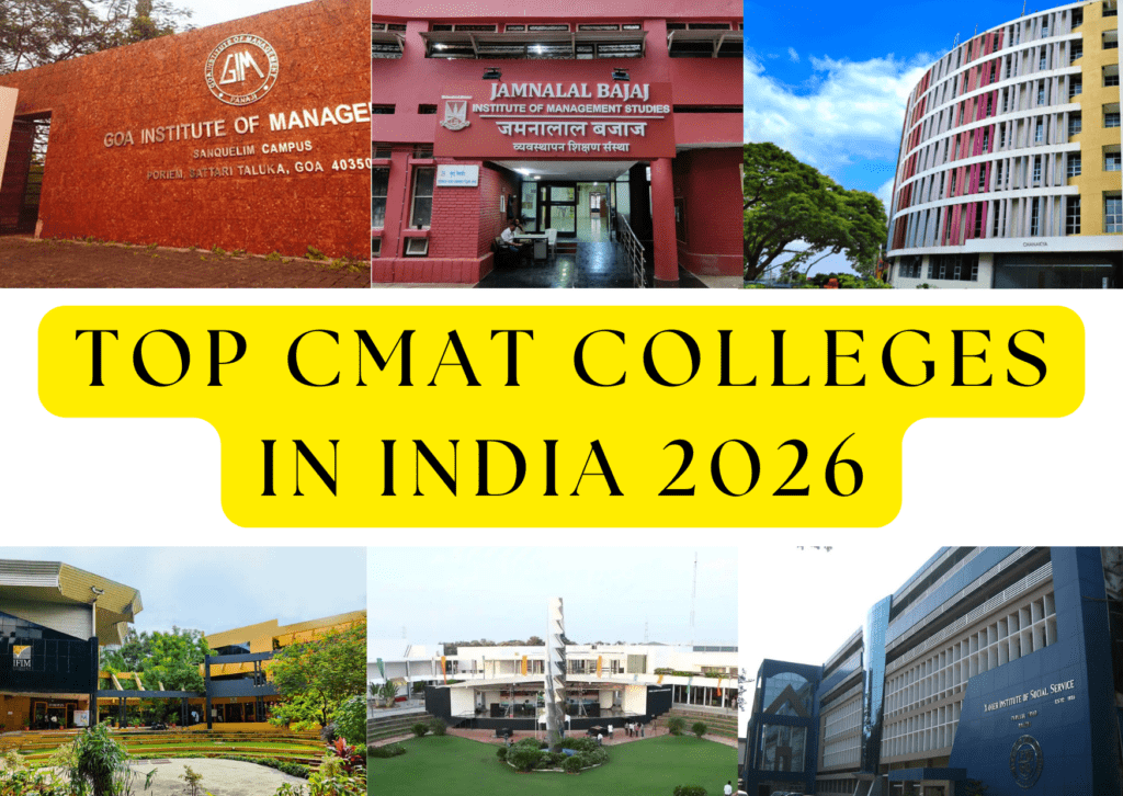 Collage-style graphic titled ‘Top CMAT Colleges in India 2026,’ featuring photos of multiple management institute campuses and buildings from across India arranged around a central yellow title banner.