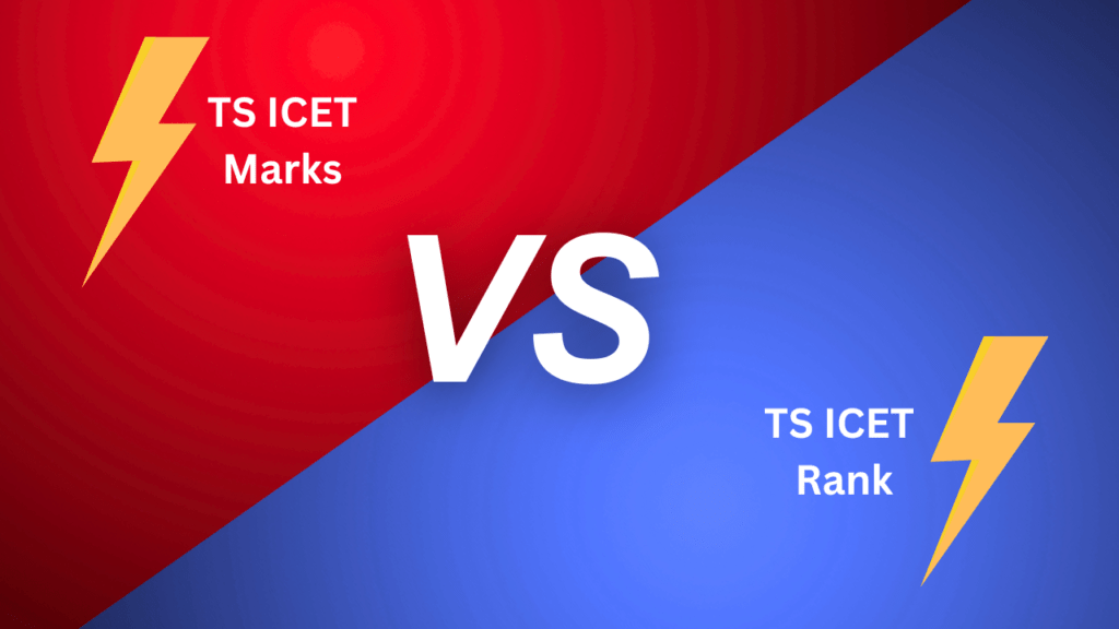 Split red and blue graphic comparing TS ICET marks vs rank, with a large ‘VS’ in the center and lightning bolt icons on both sides